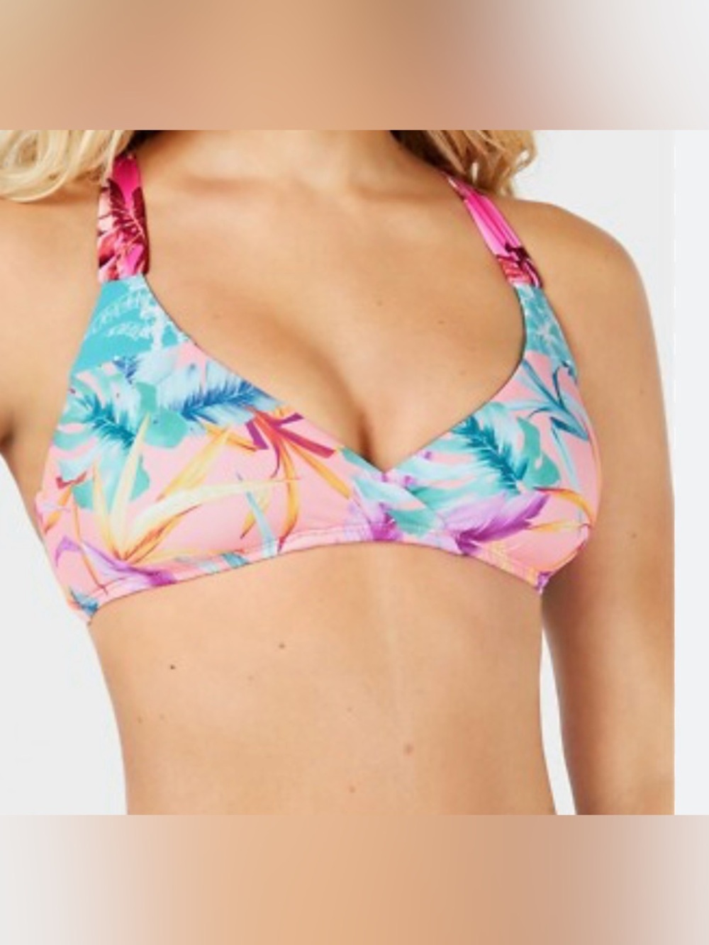 Bar III Copacabana Women’s Tropical Pink & Teal Halter Swim Top - NWT - Size M